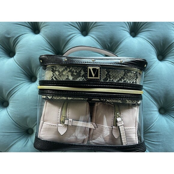 VICTORIA'S SECRET 4-IN-1 TRAIN CASE SNAKE PRINT / PINK MAKEUP COSMETIC BAGS - Picture 2 of 11